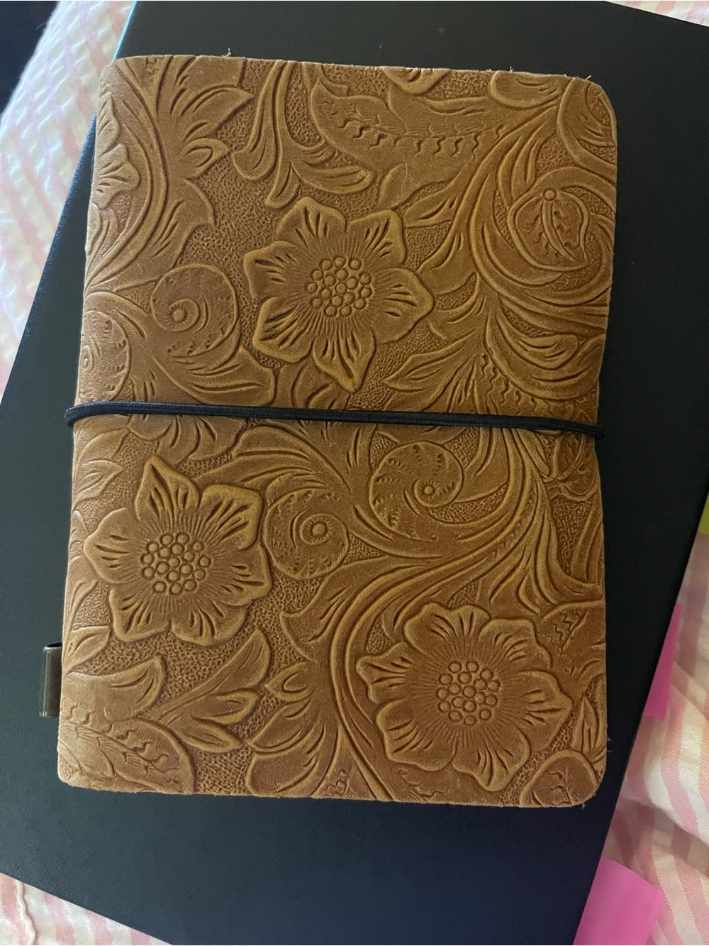 Brown Floral Embossed Leather Compact Planner/Note Pad/Calendar